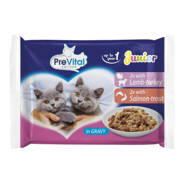 Kapsička pro kočky Prevital kočka Junior jehně, krůta, losos a pstruh, kapsa 100 g (4 pack)