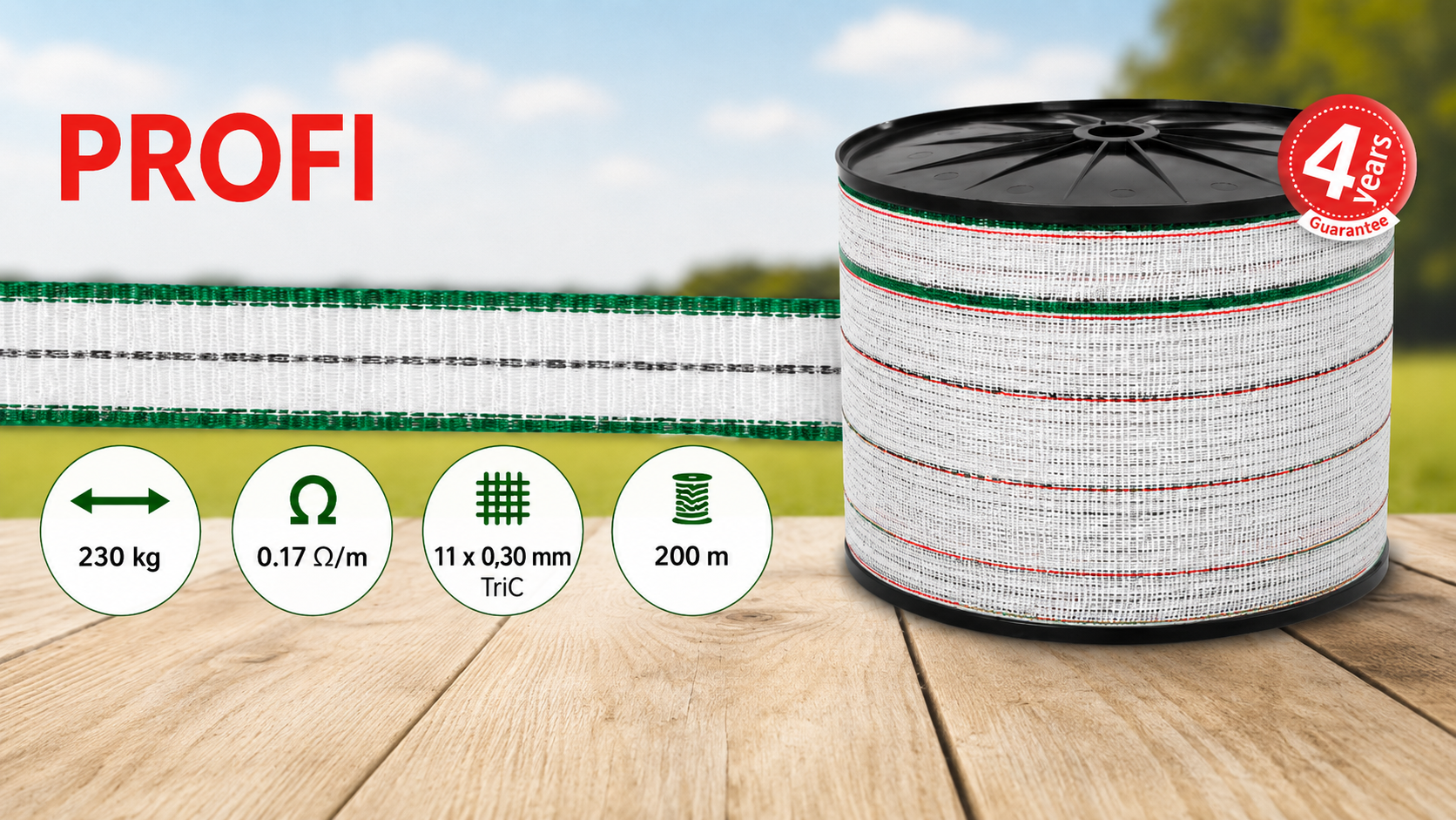 PROFI traka za električni pastir 40 mm, 200 m, 11 × 0,30 TriC, bijelo/crvena banner