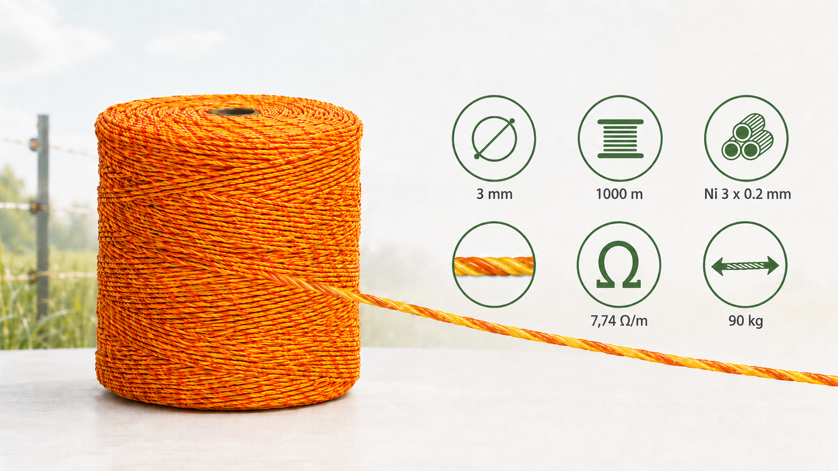 Vrvica za električni pastir, 3 mm/1000 m, rumeno-oranžna banner