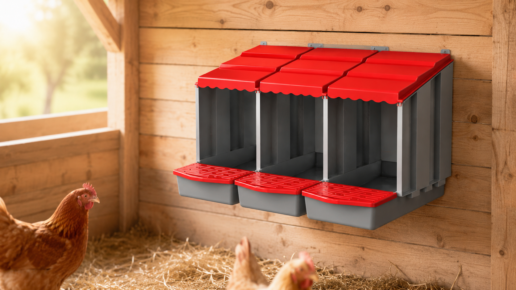 AGROFORTEL tojófészek baromfihoz, 3 rekeszes, műanyag, 84,5 × 51,5 × 47 cm, 3 tojótyúk számára banner